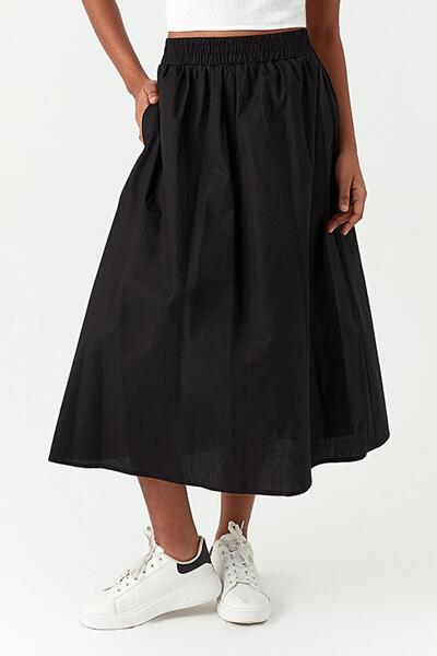 Select Moda Women's Black Elastic Waist Poplin Midi Skirt