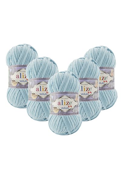 Alize 5 Pieces Velluto Velvet Hand Knitting Yarn 414 Blue Daisy