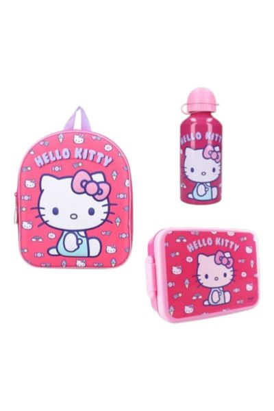Hello Kitty Set rucsac copii 3D, 29x22x9 cm, sticla apa 500 ml si cutie sanwich 16x13x5 cm, Hello Kitty