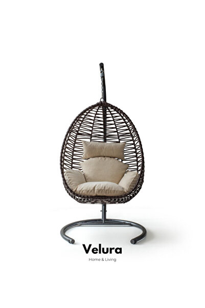Velura Home & Living Class Bahçe Salıncağı - Kahve Rattan Krem Minder
