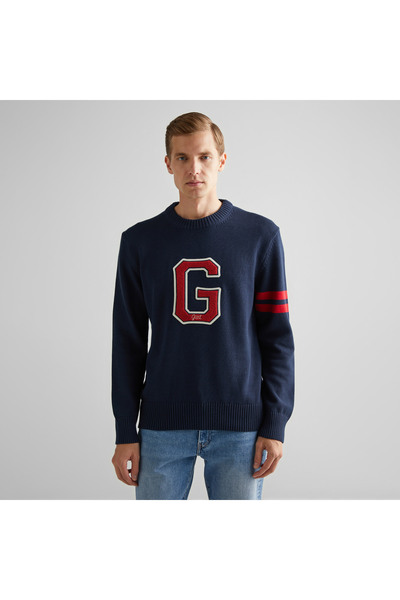 Gant Erkek Lacivert Relaxed Fit Bisiklet Yaka Logolu Kazak