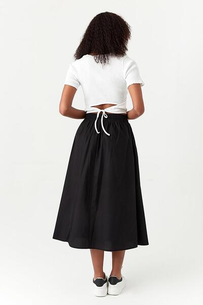 Select Moda Women's Black Elastic Waist Poplin Midi Skirt