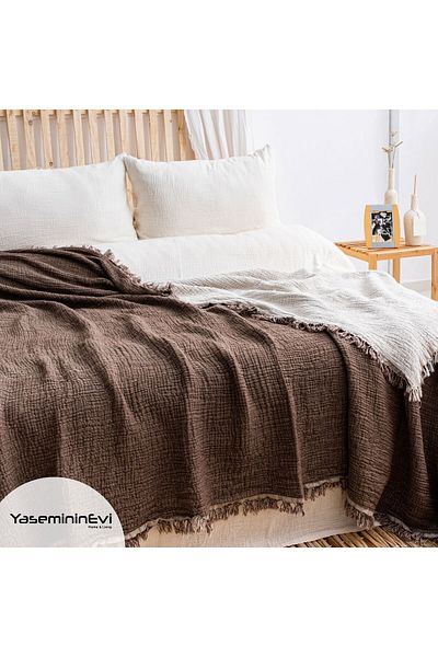 YASEMİNİNEVİ 4 Layer, 4 Sides Fringed Double Muslin Bedspread / Pique