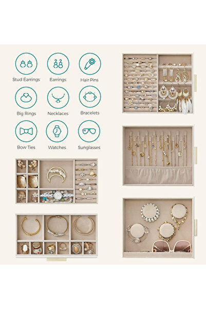 SONGMICS Jewelry Box with 3 Side Drawers, Window and Large Mirror, 16x26x32 cm, White