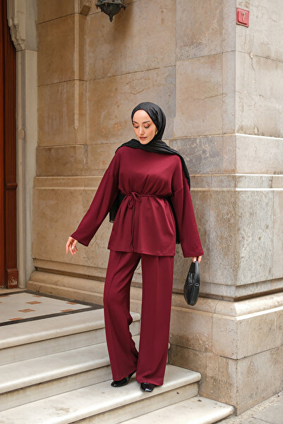 LOCCO Women's Waist Tied Double Suit Burgundy