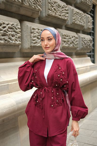 LOCCO Women's Bead Detail Kimono Suit Burgundy