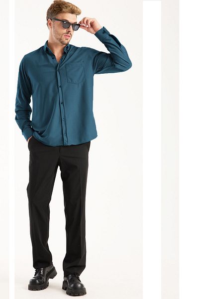 Varetta Men's Shirt Petrol Blue Lycra Long Sleeve Pocket Comfortable Fit Loose Draped Cotton Daily Stylish Model