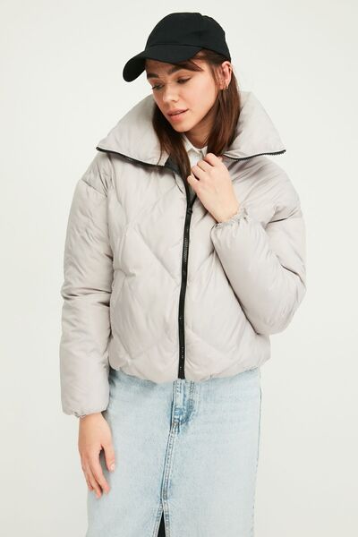 river green Women's Fiber Windproof Stand Collar Gray Inflatable Winter Coat