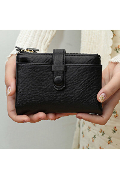 rinkadoll محفظة نسائية أنيقة ذات مظهر جلدي أسود |   مقصورة للعملات المعدنية والبطاقات مع سحاب