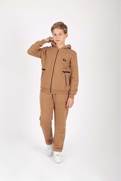 Mnk Baby&Kids Boy's Zipper Closure Hooded Hooded Sweatshirt Set with Crest Detail M00757 Brown