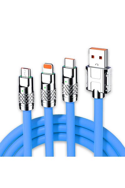 Timebox Cablu de date și încărcare rapidă, 3 în 1, 120W, QC 3.0, USB, USB-C, iluminare, 1,2 m, albastru
