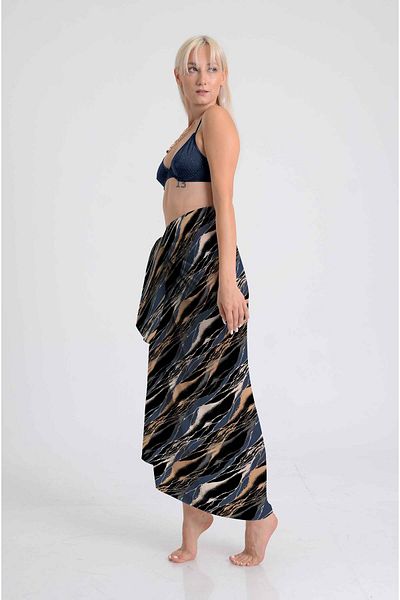 DESENİX Abstract Waves Patterned Pareo |   Navy Blue & Earth Tones |   100X145Cm |   Digital Printing