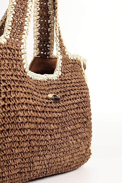 Haşema Signature Detailed Double Color Brown Beige Knitted Straw Bag 1041