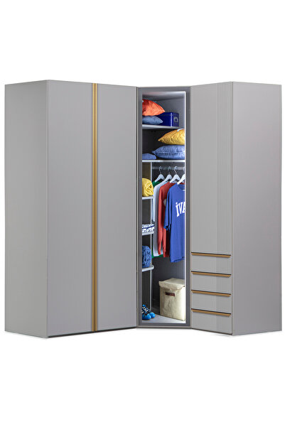 benim odam Elegant 4 Kapılı Çekmeceli Cam Kapaklı Köşe Dolap Genç / Çocuk Oda...