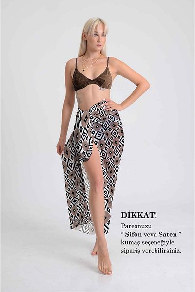 DESENİX Geometric Contrast Patterned Pareo |   Coffee & Black White |   100X145Cm |   Modern Minimalist