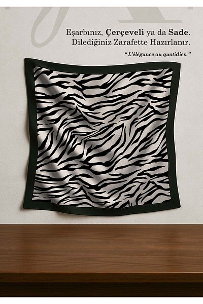 DESENİX Zebra Patterned Satin Scarf |   Cream Black Floor |   90X90 - 100X100Cm |   Luxury Shiny Satin