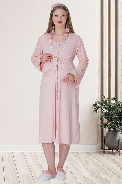 Mavelle Women's Powder Lace Detailed Pregnant Maternity Dressing Gown Nightgown Set 5715