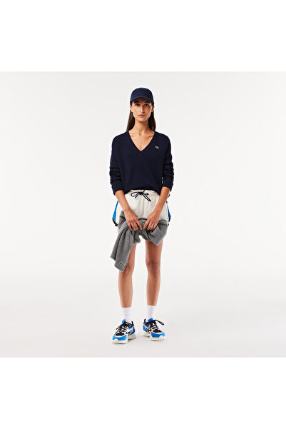 Lacoste Kadın Relaxed Fit V Yaka Yün Lacivert Triko