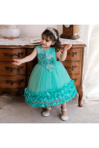 OEM Rochiță elegantă turcoaz cu flori turcoaz 3D 3-6 luni