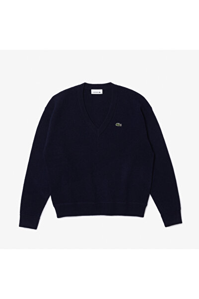 Lacoste Kadın Relaxed Fit V Yaka Yün Lacivert Triko
