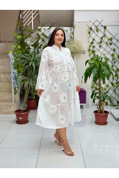 Punta Otantik Pt54830 Front Button Brodeed Judge Collar Coton Italian Dress White