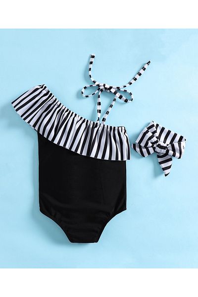 SAPS Striped Sleeveless V Cut Swimsuit With Headband - Black/White