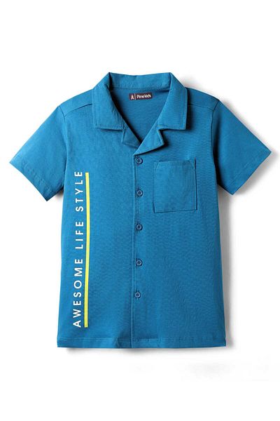Pine kids Cotton Knit Half Sleeves Shirt with Text Print - Blue