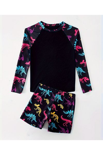 SAPS Dino Printed Full Sleeves Rashguard and Shorts Set - Black