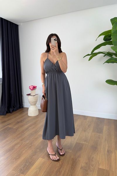BİRCANÇİL Lendy Gray Rubber Back Detailed Lined Strap Dress