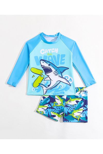 SAPS Shark Printed Full Sleeves Rashguard and Shorts Set - Blue