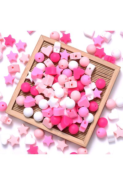Choice Pink 50Pcs Mix Style Silicone Beads Baby Heart Star Shape Nuring Teething Beads Sets DIY Baby Pacifi