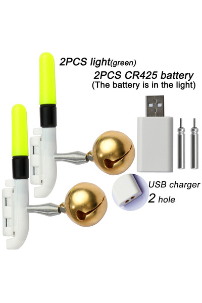 Choice 2 عصا صيد مضيئة خضراء من GOBAIT مزودة بجرس LED CR425 وبطارية 3.6 فولت وشحن USB وأدوات صيد مضيئة في الليل