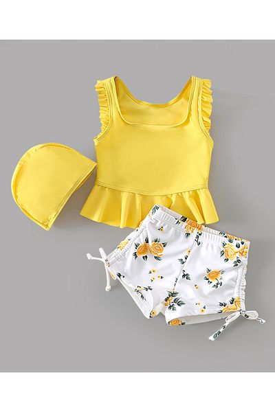 SAPS Quick Drying Floral Print Sleeveless Two Piece Swimsuit Swimming Cap - Yellow & White