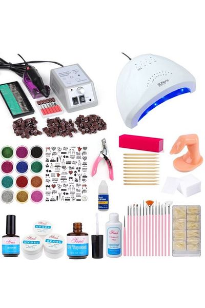 OEM False nail kit, Sun One 48 W nail lamp, 20,000 rpm nail pile mill, and 440 accessories