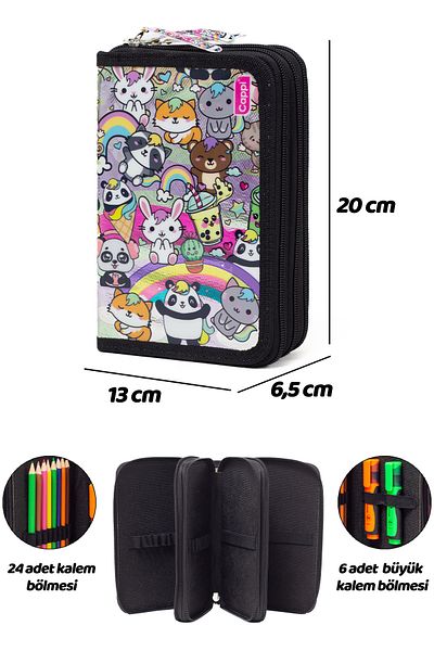 KAFF Black Characters Patterned Pvc Three Compartment Girl's Organizer Pen Holder Pencil Case -Cp7002