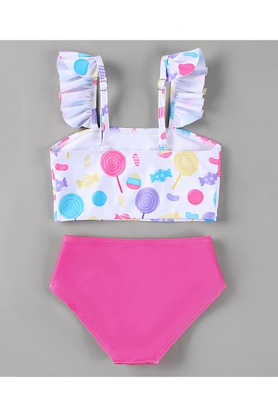 SAPS Candies Printed Quick Drying Frilled Sleeveless Sun Top & Swim Shorts Set - Pink & White