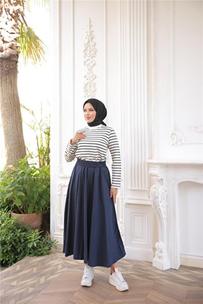 Bwest O Neck Horizontal Stripes Long Sleeve Short Slit Short Tunic - (38-46) - 71296 - Black