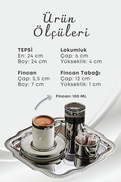 grimorlife 6 Kişilik Tepsili Gümüş Porselen Fincan Seti Damat Kahvesi-Söz Nişan Türk Kahvesi Kahve Fincanı