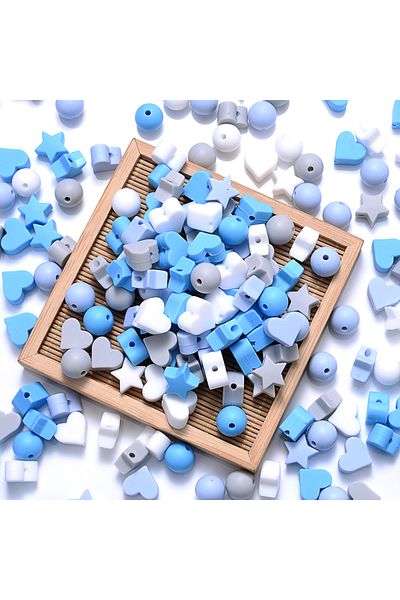 Choice Blue 50Pcs Mix Style Silicone Beads Baby Heart Star Shape Nuring Teething Beads Sets DIY Baby Pacifi