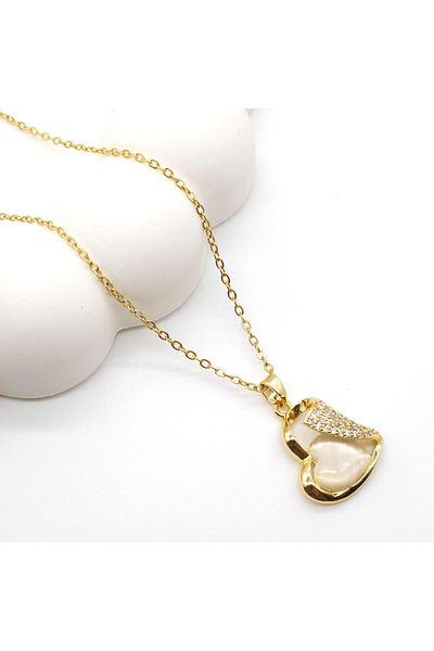 TR Gold Minimal Chain Curled Zircon Design Acrylic Heart Steel Necklace 45 cm