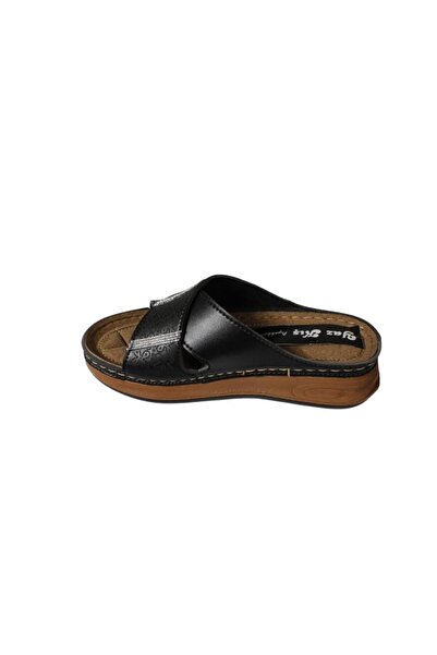 Yaz Kış Ayakkabı Yazkiş Women's Black Skin Cross Strap Stone Sole Comfortable Comfortable Sole Slippers