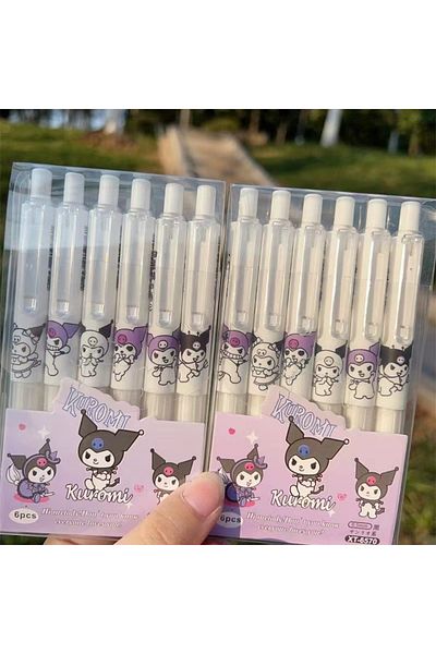 Miniso 6 قطع من أقلام الجل من Kuromi، 6 قطع من أقلام الجل الكرتونية Hello Kitty Cartoon Cinnamoroll Kuromi سريعة الجفاف باللون الأسود 0.5 مم