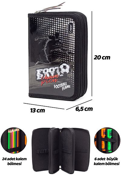 KAFF Black Football Patterned Pvc Three Compartment Boy Organizer Pen Holder Pencil Case -Cp7002