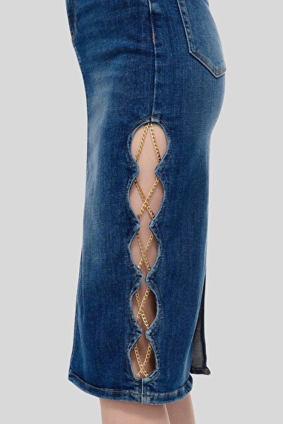 Liu Jo Kadın Logolu Normal Bel Jean Midi Etek Mavi