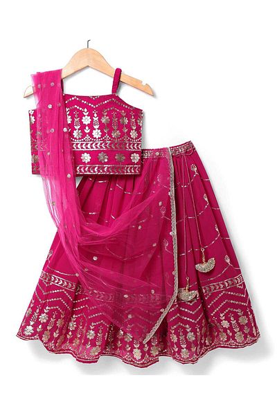 Babyhug Sleeveless Floral Sequenced Embroidered Choli Lehenga & Dupatta Set Tassel -Dark Pink