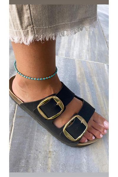 marsel aksesuar Blue Bead Stripe Gold Colored Anklet