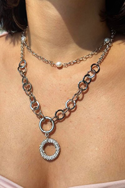 TAKIŞTIR Silver Color Stone Detailed Multiple Necklace