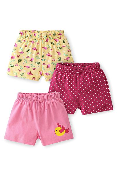 Babyhug Cotton Knit Shorts Bird & Polka Dot Print with Bow Applique Pack of 3 - Multicolour