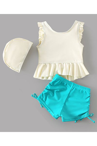SAPS Solid Frilled Sleeveless Two Piece Swimsuit Set With Cap - Off White & Blue