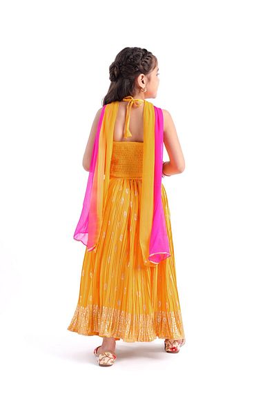 Babyhug Halterneck Sleeveless Zari Embroidered Choli Foil Printed Lehenga and Dupatta Set - Mustard